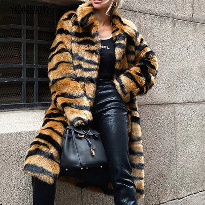 2026 Winter Plus Size Faux Fur Long Coat Women Tiger Long Sleeve Fluffy Jacket Ladies Large Thick Warm Furry Cardigan Outwear