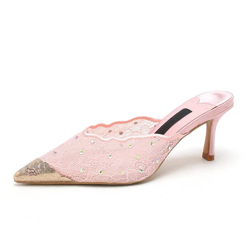 Luxury Rhinestones Mesh Lace Women Pumps Sandals Summer Elegant Pointed Toe 8cm Thin High Heels Mulse Sides  Fashion Party Shoes