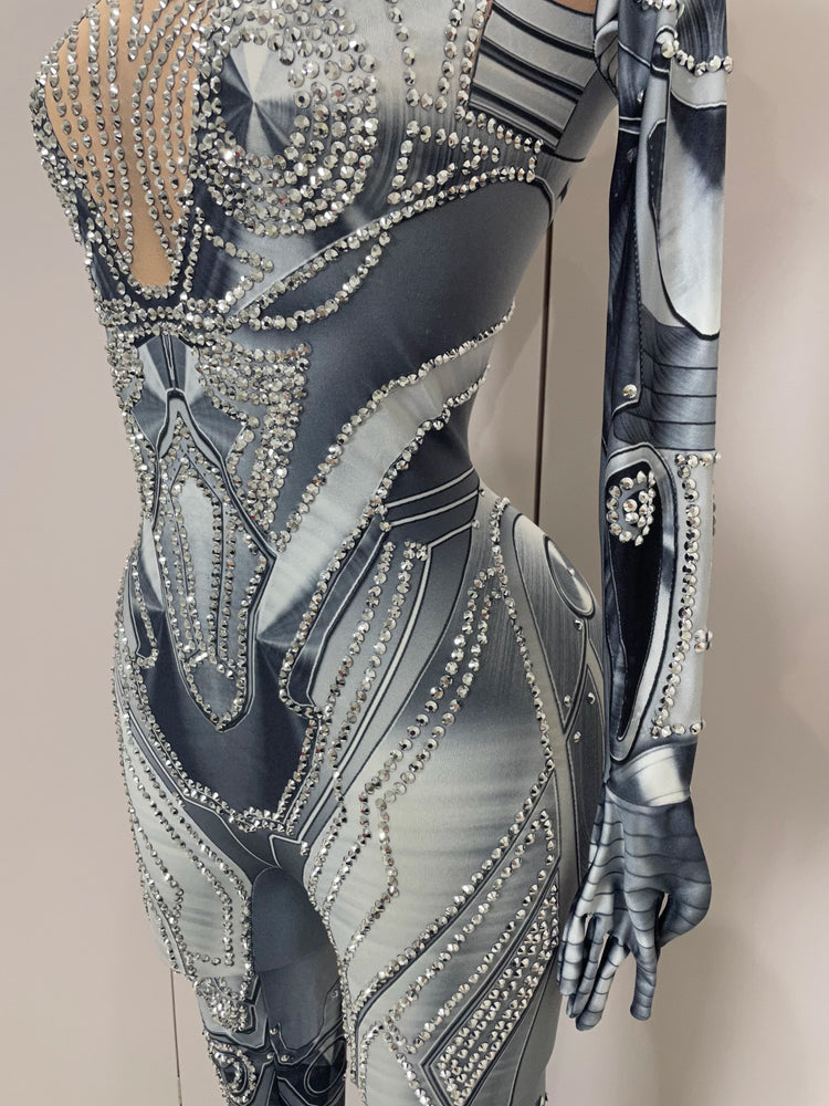 2025 New Trendy Women Sexy Rhinestones Printed Skinny Jumpsuit High Street Performance Dance Costume Bar Club Show Stage Wear
