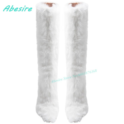 White Faux Fluffy Fur Knee High Boots Pointed Toe Stiletto Heels Side Zipper Women's Boots Spicy Girls Fashion Show Winter Shoes