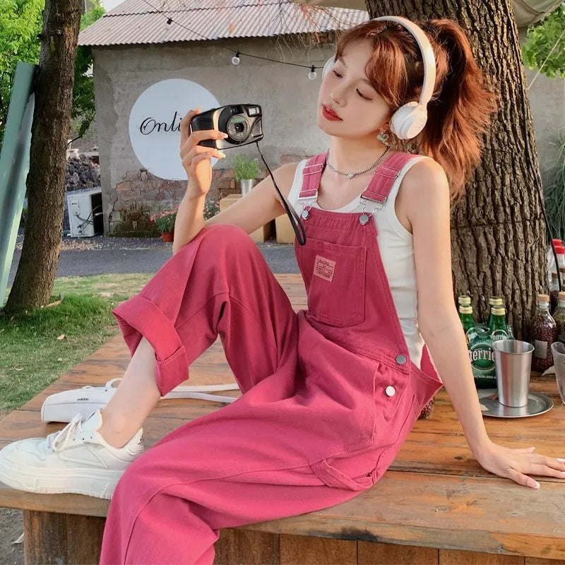 Vintage Pink Denim Overalls Adjustable Strap Wide Leg Jumpsuit Y2K Cute Campus Casual Pants