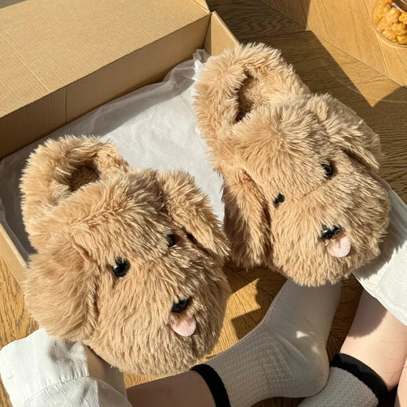 Fluffy Cartoon Women's Home Slippers Winter Cute Plush Luxury Designer Woman Shoes Flats Indoor Casual Fuzzy Fur Slides Elegant