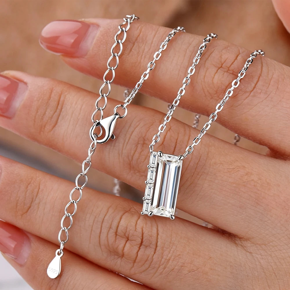 3CT Baguette Cut Moissanite Pendant Necklace for Women S925 Silver Plated 18K Lab Diamond Adjustable Chain Trendy Neck Jewelry