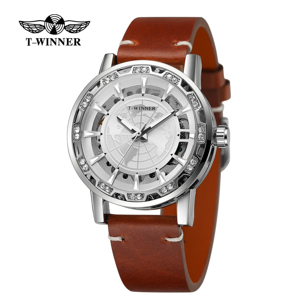 Winner Design World Map Transparent Skeleton Mechanical Watch for Men Fashion Diamond Luminous Luxury Leather Strap Unisex