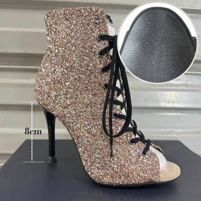 Dance Heels Champagne Black Sparkly Glitter Rubber Sole 10cm Professional High Heel Dance Shoes Salsa Women Dance Party Shoes