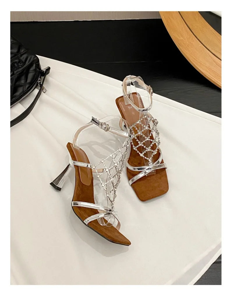 Luxury Gold Bling Rhinestone High Heeled Sandals Women Fashion Square Toe Cross Tied Designer Shoes Elegant Banquet Dress Shoes
