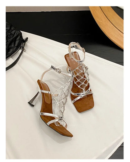 Luxury Gold Bling Rhinestone High Heeled Sandals Women Fashion Square Toe Cross Tied Designer Shoes Elegant Banquet Dress Shoes