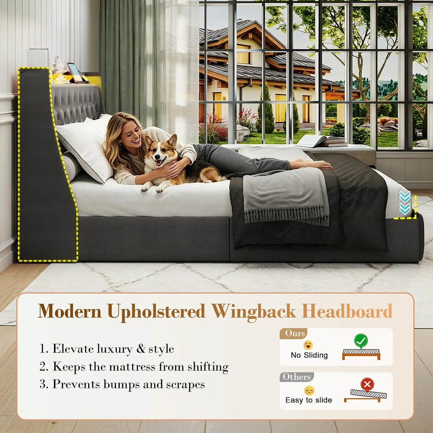 Queen Upholstered Bed Frame 4 Storage Drawers LED Lights USB Charging Headboard, Custom
