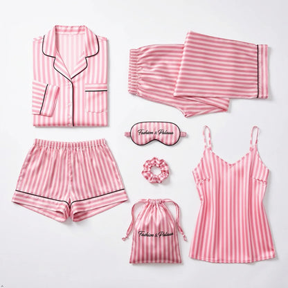 Women's Plus Size 7 Piece Soft Smooth Rayon Pajama Set, V-Neck Loungewear, Pink Striped Sleepwear