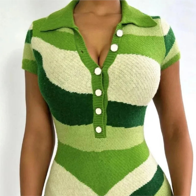 Summer Contrast Color Jumpsuits Jumpsuit For Woman Short Sleeves All-match Trendy Striped Casual Sweet Bodycon Commuting Silm