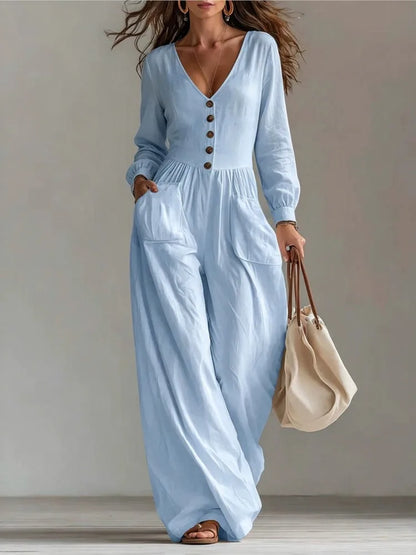 Women White Jumpsuit Deep V Neck Long Sleeve Button Front Wide Leg Rompers Casual Loose Pockets Overalls Vacation Beach Outfit