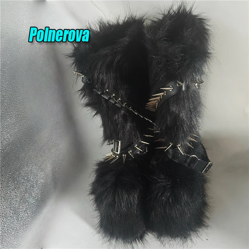 Black Fur Platform Knee High Boots for Women Punk Rivet Belt Buckle Strap Snow Boots Winter Warm Fashion Y2K Girl Shoes Big Size