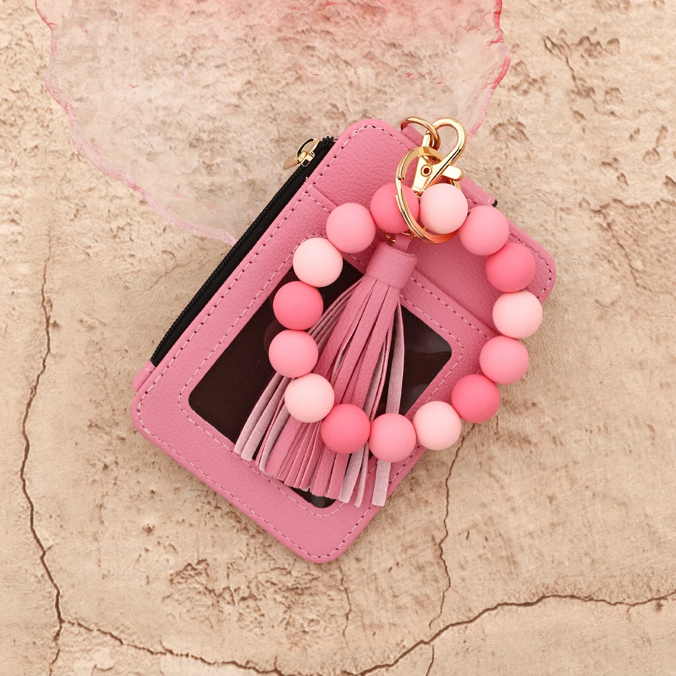 2025 Silicone bead pu leather key chain wristlet id credit card holder keychain wallet for women with bangle bracelet