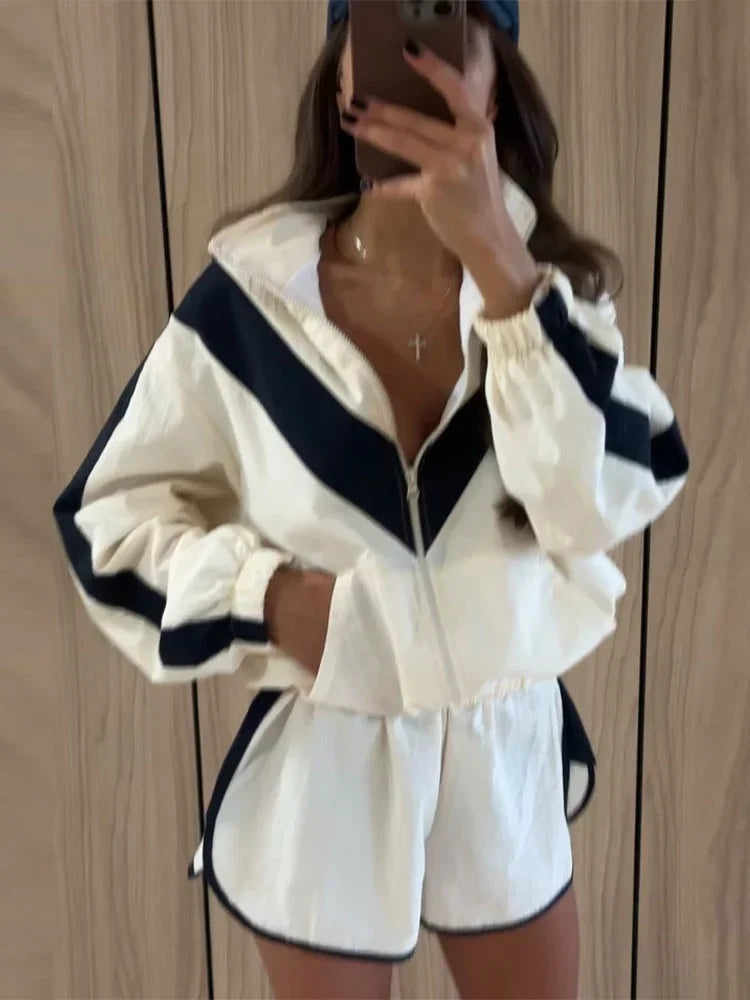 Chevron Stripe Windbreaker Tracksuit Women Casual Zip Cropped Jacket Contrast Trim Shorts Suit Lady Daily Jogging Street Outfit