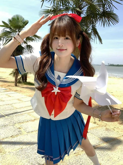 Summer and Autumn Sailor Suit Japanese Style Schoolgirl Blue Short-Sleeved Set Cos Female Students