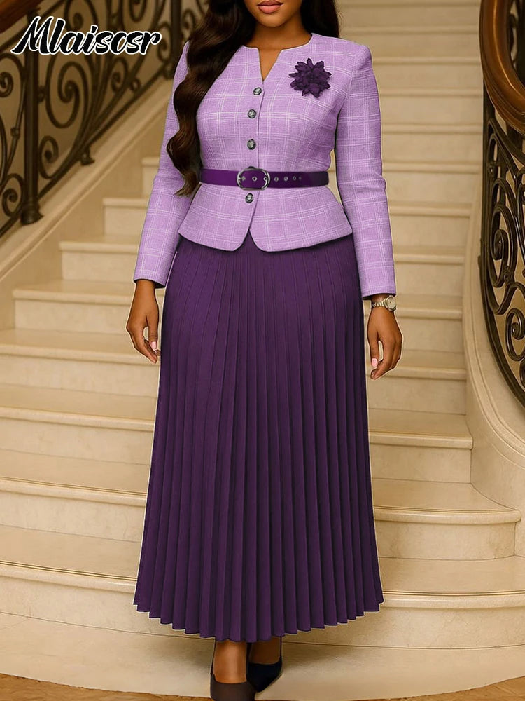 Mlaiscsr Fashion Plaid Blazer Suits for Woman Button 3D Floral Brooch Belt and Pleated Skirt 2 Piece Set Female Office Outfits