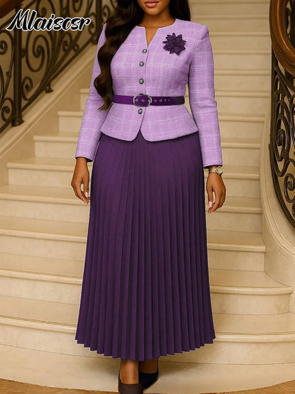 Mlaiscsr Fashion Plaid Blazer Suits for Woman Button 3D Floral Brooch Belt and Pleated Skirt 2 Piece Set Female Office Outfits