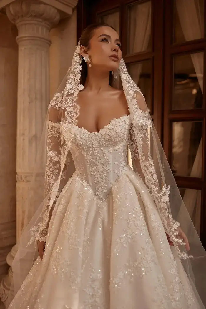 Luxury Sweetheart Lace Wedding Dress Off Shoulder Long Sleeve Prom Dresses A-line Elegant Bride Dress Customization