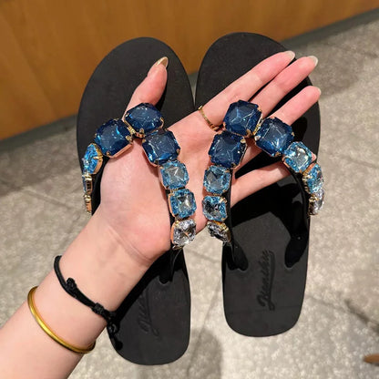 Square Rhinestone Flip-Flops Popular in Ins Summer Blingbling Star Street Shooting Slope Heel Slippers Women Flat Beach Slippers