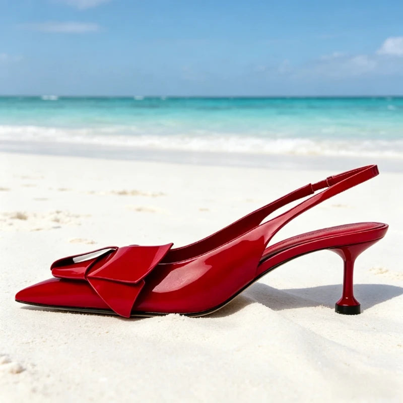 Red Patent Leather Slingback Heels Women Sweet Bow Decoration Pointed-toe High-heeled Sandals Luxury Party Brand Designer Shoes