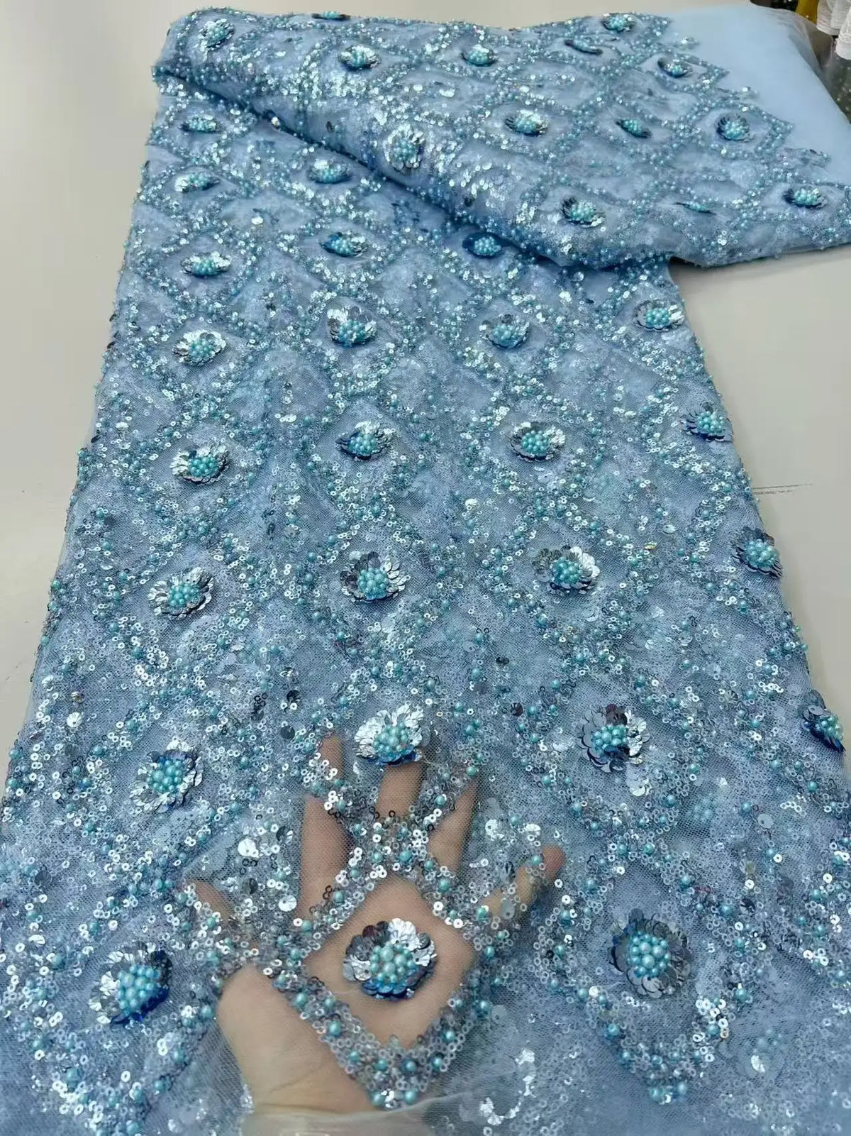 Luxury African Beaded Sequins Pearl Lace French Tulle Fabric 2026 High Quality Nigerian Design for Party Dress Sewing 2026