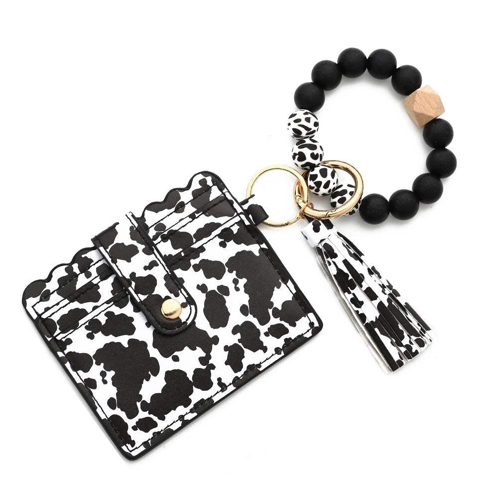 Bull Silicone Beads Bracelet Pu Leather Purse Leopard Print Tassel Cow Wallet Keychain Silicone Beaded ID Card Holder Keychain