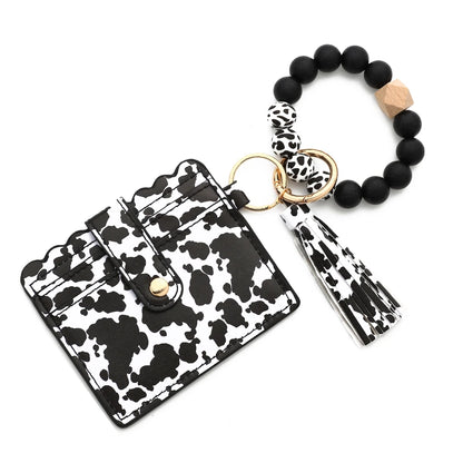 Bull Silicone Beads Bracelet Pu Leather Purse Leopard Print Tassel Cow Wallet Keychain Silicone Beaded ID Card Holder Keychain