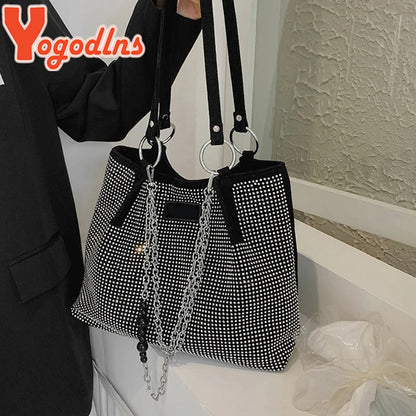 Yogodlns Luxury Rhinestone Bucket Bag For Women Fashion Brands Shouldr Bag Trendy Underarm Bag Shopping Handbag Purse Bolsa