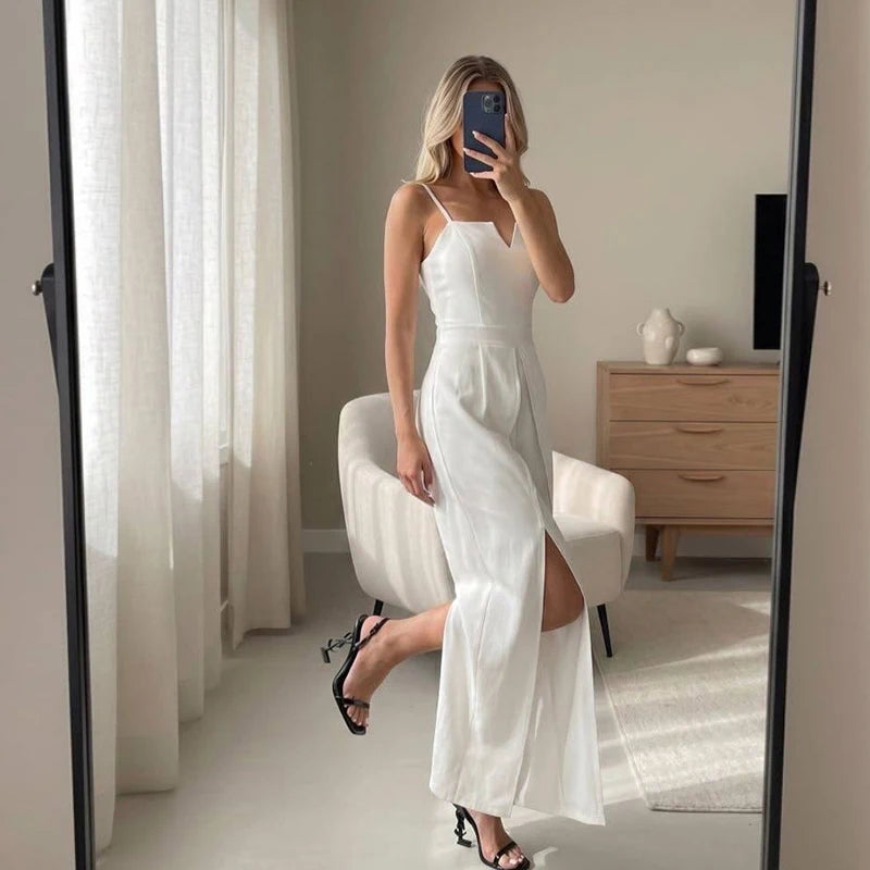 Commute Sling Jumpsuits Women Square Neck High Waist Split Solid Jumpsuit Female 2026 Summer New Fashion Soft Streetwears Lady