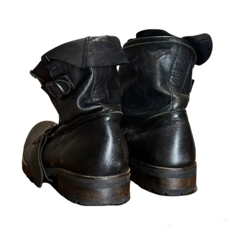 Retro Darkened Belt Buckle Motorcycle Boots Trendy for Both Men and Women Mid-calf Pleated Side Zipper Western Cowboy Boots