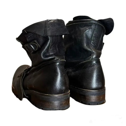 Retro Darkened Belt Buckle Motorcycle Boots Trendy for Both Men and Women Mid-calf Pleated Side Zipper Western Cowboy Boots