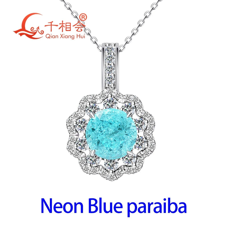 925 Sterling Silver 8mm Round YAG Paraiba Neon Blue/Greenish  Tourmaline Pendant Necklace, Flower Halo Moissanite Pendant Women