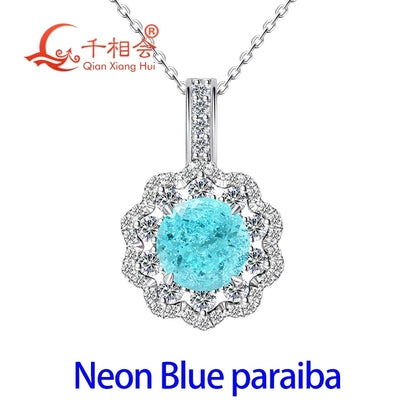925 Sterling Silver 8mm Round YAG Paraiba Neon Blue/Greenish  Tourmaline Pendant Necklace, Flower Halo Moissanite Pendant Women