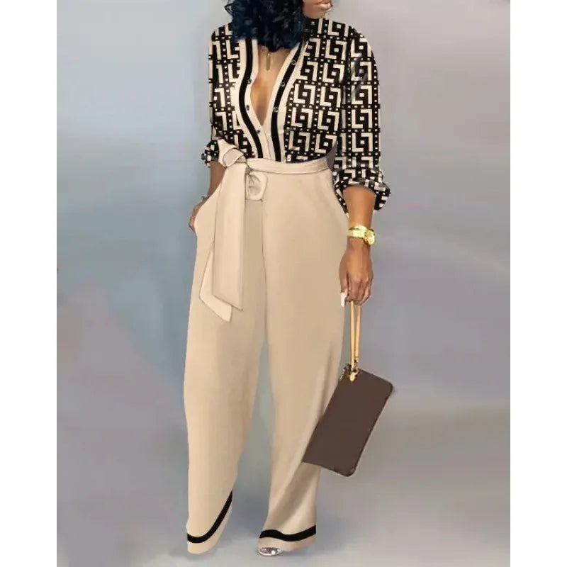 2024 Autumn Casual Women Jumpsuits Print V-Neck High Waist Belt Long Sleeve Elegant Straight Pants Jumpsuit Rompers For Women