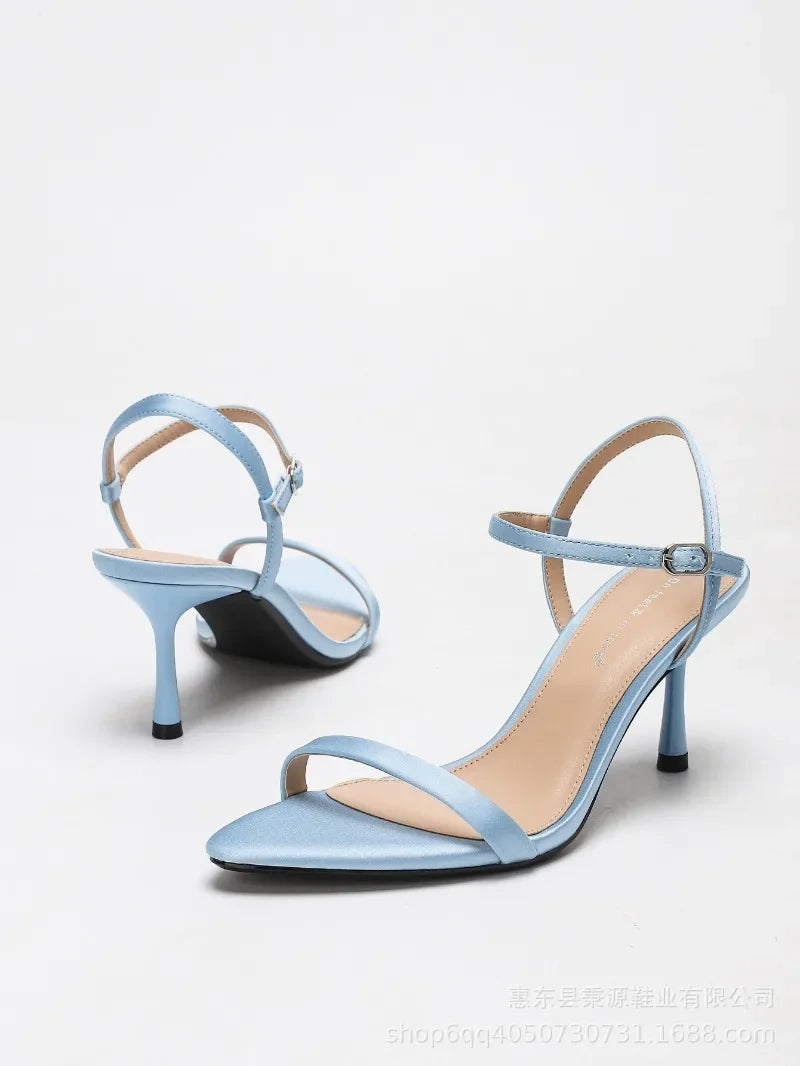 Elegant Heeled Sandals Women Luxury Satin Narrow Strap Design Ankle Strap Heels Sexy Pointed Toe Evening Designer Shoes Ladies