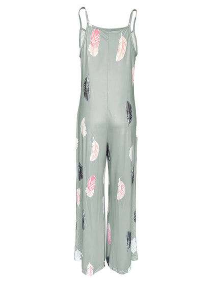 Women's Casual Loose Feather Print Spaghetti Strap Jumpsuit Summer Beach Loungewear With Side Pockets
