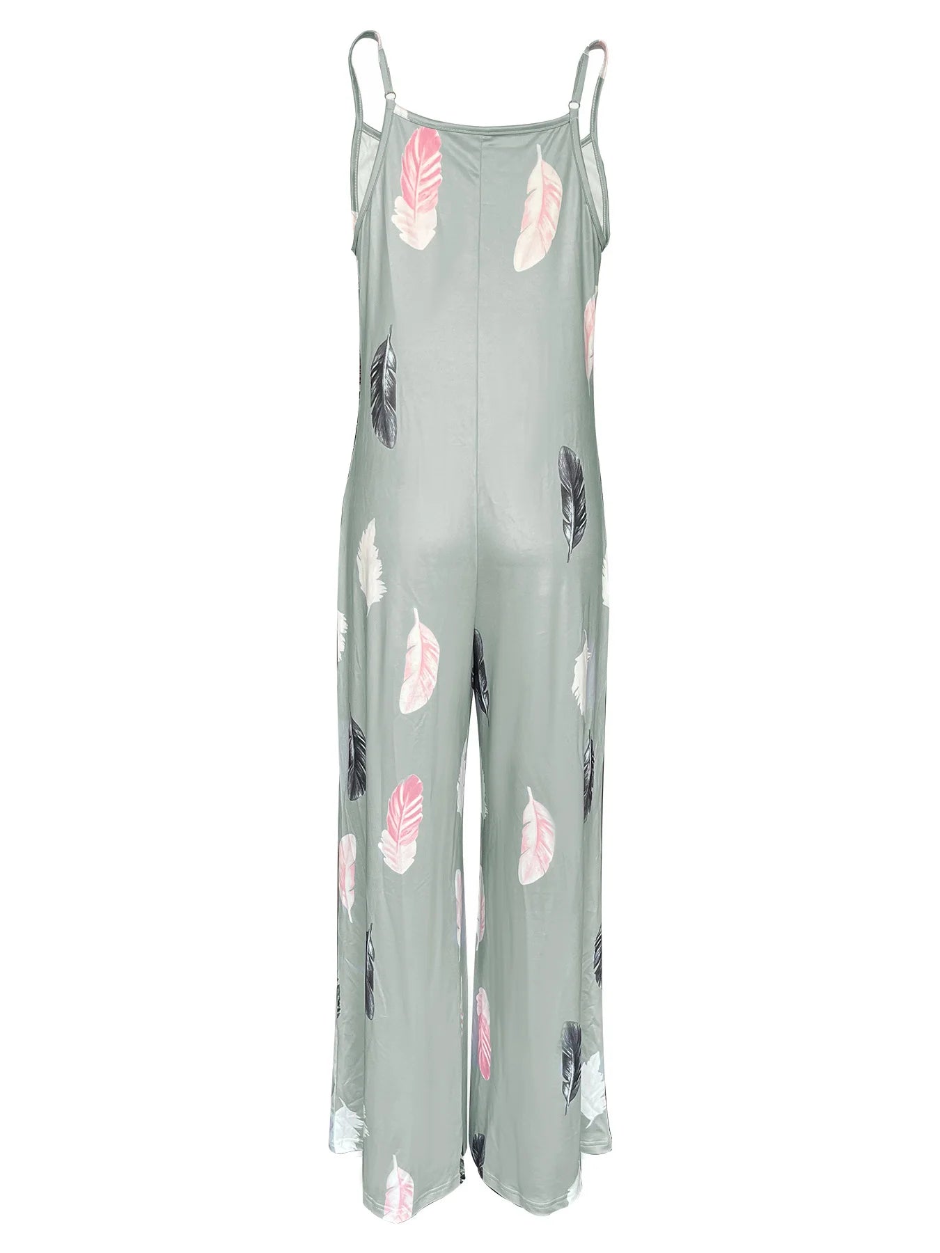 Women's Casual Loose Feather Print Spaghetti Strap Jumpsuit Summer Beach Loungewear With Side Pockets