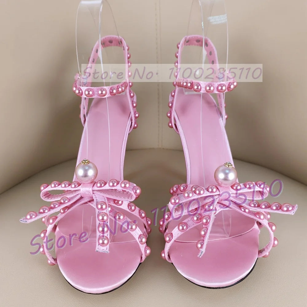 Pink Pearl Bowknot High Heels Sandals Women Sweet Luxury Cross Strap High Heels Sandals Women Luxury Elegant Party Shimmer Shoes