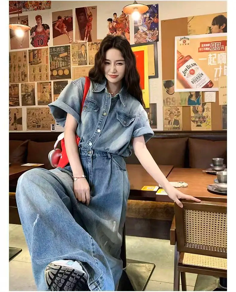 Denim Vintage Jumpsuits Women Single Breasted Button Design Turn-down Collar Long Sleeve Romper Solid Pockets Overalls