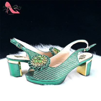 Mature Italian Women Shoes Matching Bag Set in Green Color 7 CM Comfortable Heels with Plaform Elegant Peep Toe Sandals