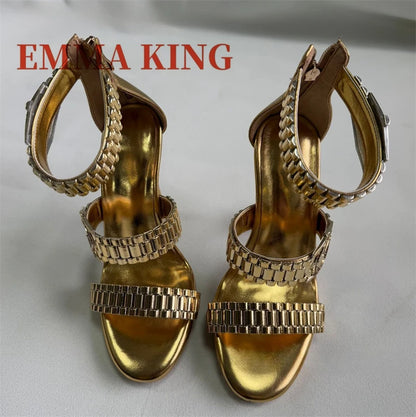 Gold Watch Studded Sandals Open Toe High Heel Ankle Strap Sandals Back Zipper Metal Chain Gladiator Sandals Summer Party Shoes