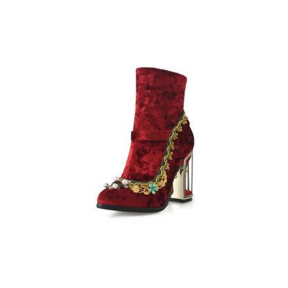 Royal Gemstone Jeweled Flower Velvet Ankle Boots Floral Crystal Cage Fretwork High Heels Blue Red Black Woman Bridal Booties