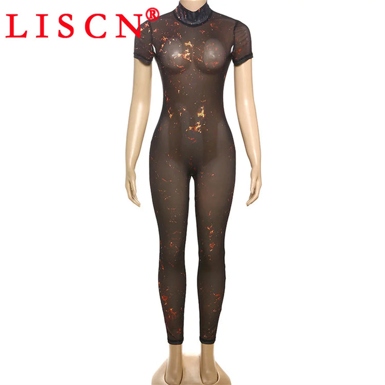 10 Wholesale Items Jumpsuits Women Summer 2025 Short Sleeve Bodycon Sexy Y2k Printing Mesh See Through Backless Rompers K15151