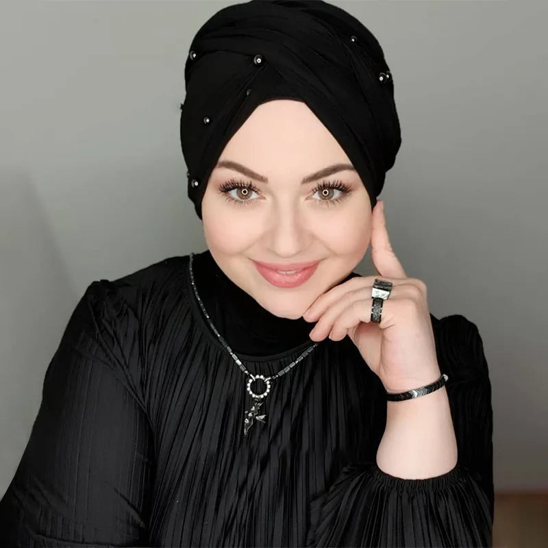 Muslim Fashion Pearl Black Modal Hijab Undercap Abaya Hijabs For Woman Abayas Jersey Head Scarf Dress Women Turbans Turban Cap