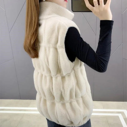 Imitation Mink Fur Sweater Vest Women's Autumn Winter Outerwear 2024 New Waistcoat Female Sleeveless Jacket Zipper Cardigan Top