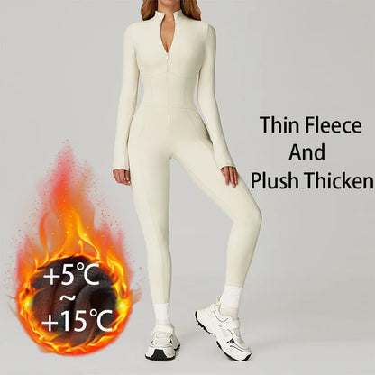 Winter Warm Fleece Sports Jumpsuits Fitness Suits Women's Sportswear Zipper Long Sleeves Tops One-Piece Dance Bodysuit Female