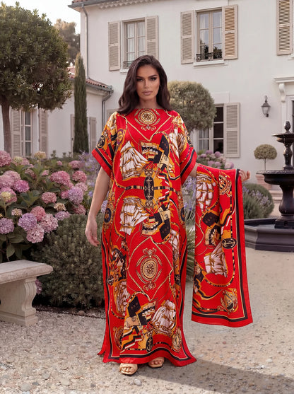 Nautical Sailboat Print Satin Abaya Scarf Set, Loose Batwing Maxi Kaftan For Muslim Women Summer Beach Daily Holiday Wear