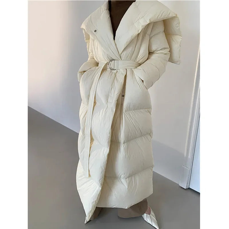 High end Ultra long White goose down Jacket For women Winter 2025 New Fashion Down Coat Female Thicken Parka Overcoat with belt