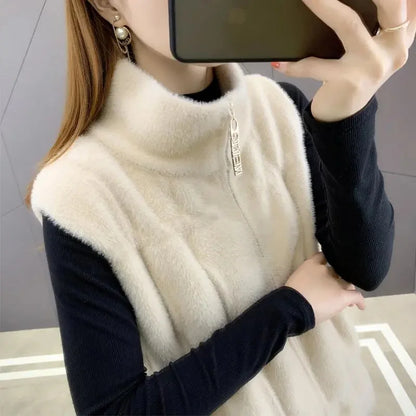 Imitation Mink Fur Sweater Vest Women's Autumn Winter Outerwear 2024 New Waistcoat Female Sleeveless Jacket Zipper Cardigan Top