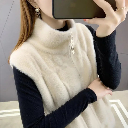 Imitation Mink Fur Sweater Vest Women's Autumn Winter Outerwear 2024 New Waistcoat Female Sleeveless Jacket Zipper Cardigan Top